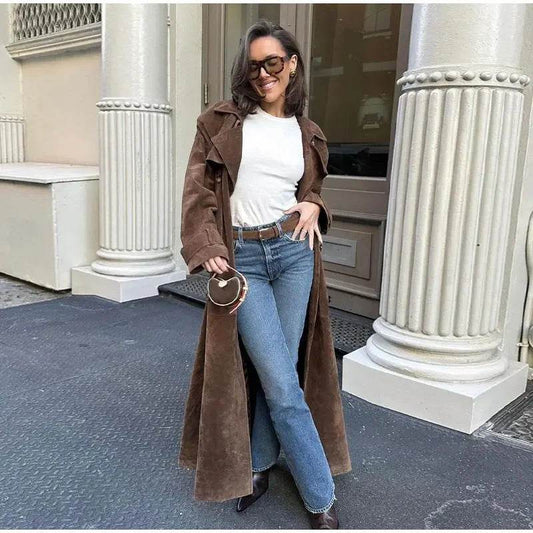 Double Breasted Lapel Shift Coat With Belt Fashion Vintage Suede Long Coat Winter Outwear Women's Clothing - Velora