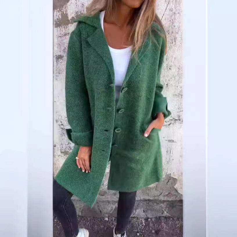 Lapel Single Breasted Cardigan With Pockets Fashion Color Solid Mid-Length Outwear Coat Womens Clothing - Velora