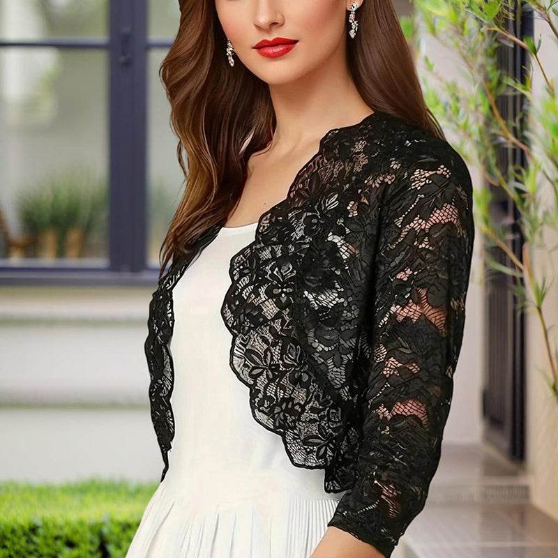 Women's Solid Color Cropped Lace Cardigan - Summer Fashion Medium-Long Sleeve Open Front Top - Velora