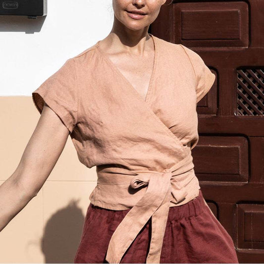 Casual Summer Lace-up Cotton Linen V-neck Top Short-sleeved blouse top women - Velora