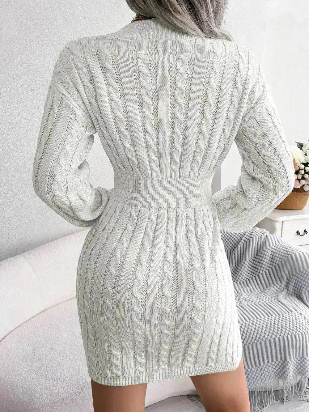 Solid Color V-Neck Long Sleeve Slim fit Winter Knit Mini sweater Dress Slim - Velora