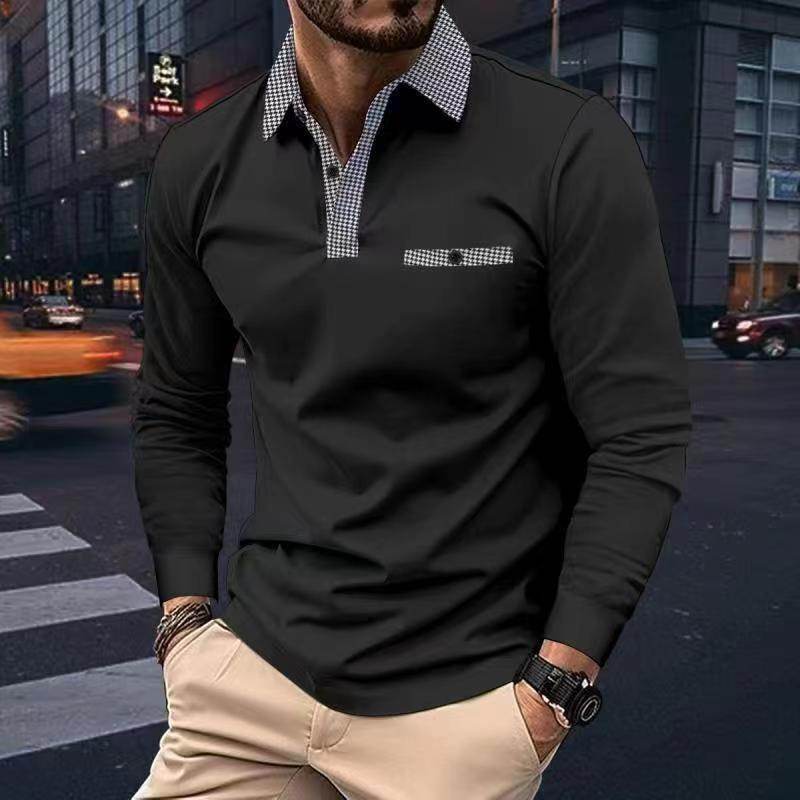 Leisure Plaid Lapel Polo Shirt Fashion Solid Color Long Sleeve Tops Men's Clothing - Velora