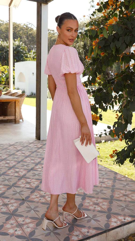 V-neck Short-sleeved Dress With Slim-waisted Design Summer Fashion Puff Sleeve Long Dress For Women Clothing - Velora