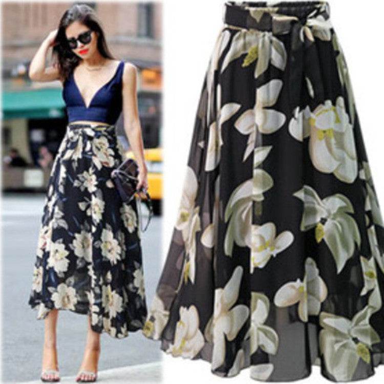 Women Formal Work Office High Waist Floral Midi Big Swing Chiffon Skirt - Velora