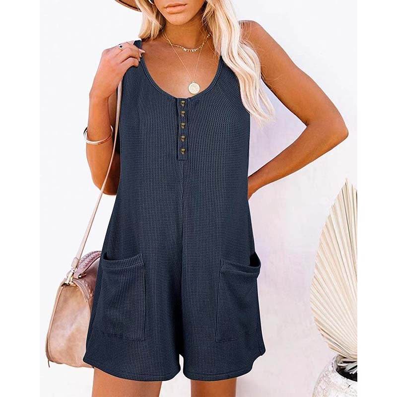 Women's Button Front Romper Jumpsuit With Pockets Casual Solid Color Sleeveless Summer Jumpsuit - Velora