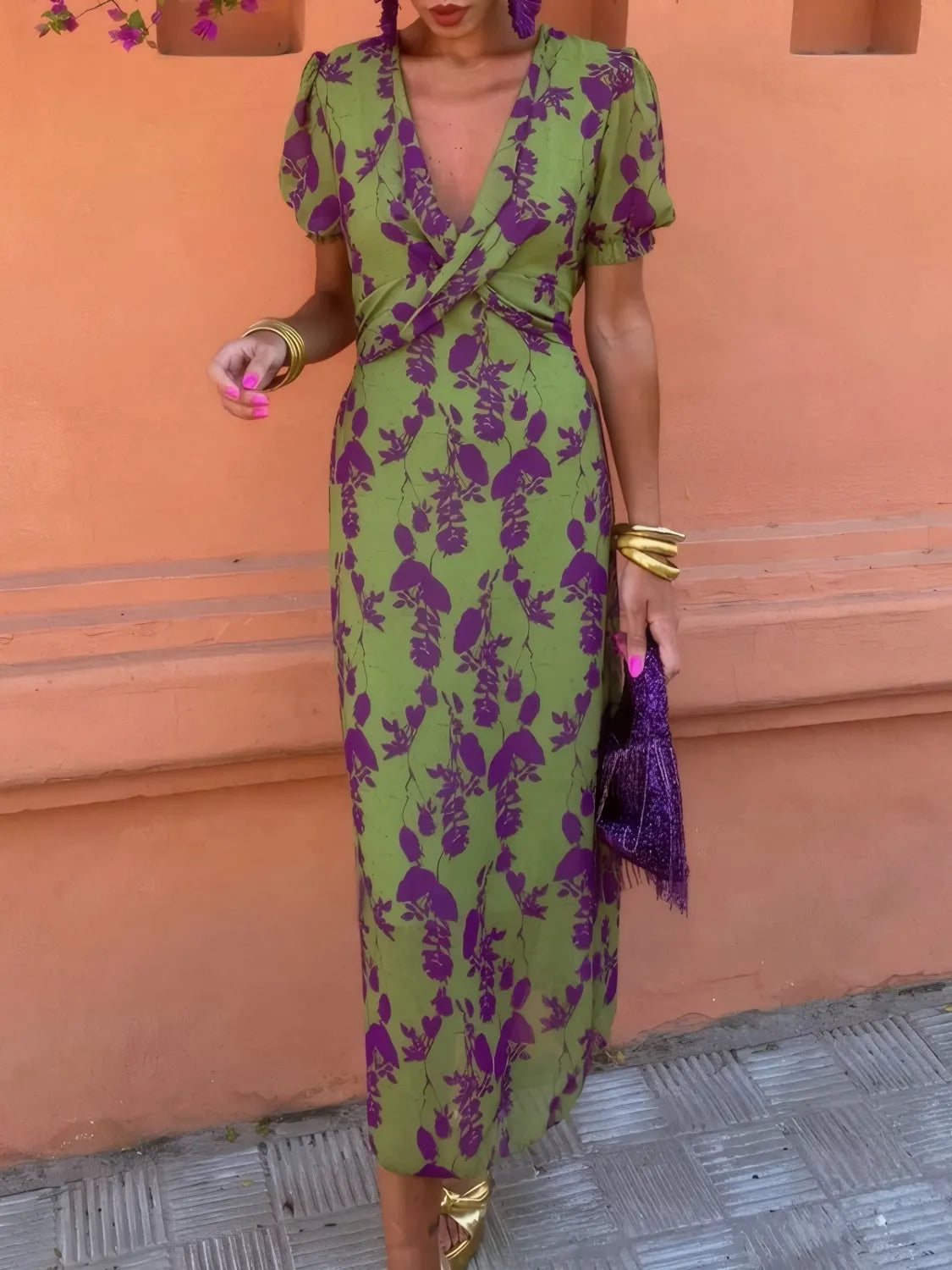 Printed Plunge Short Sleeve Midi Dress - Velora