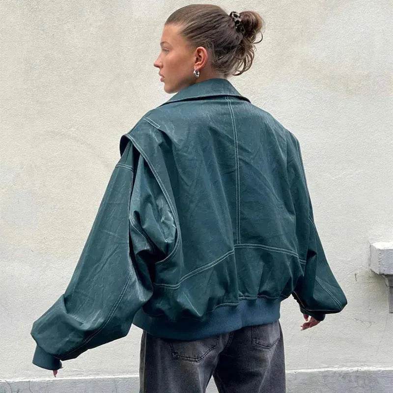Oversized Fashion Zip-up Lapel Leather Jacket for women - Velora