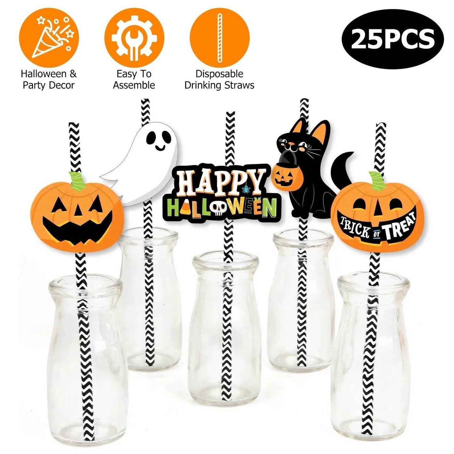Set Of 25Pcs Halloween Party Striped Decorative Straws Disposable Drinking Straws Paper Straw Decor Happy Halloween Ghost Lantern Black Cat Halloween Party Supplies - Velora