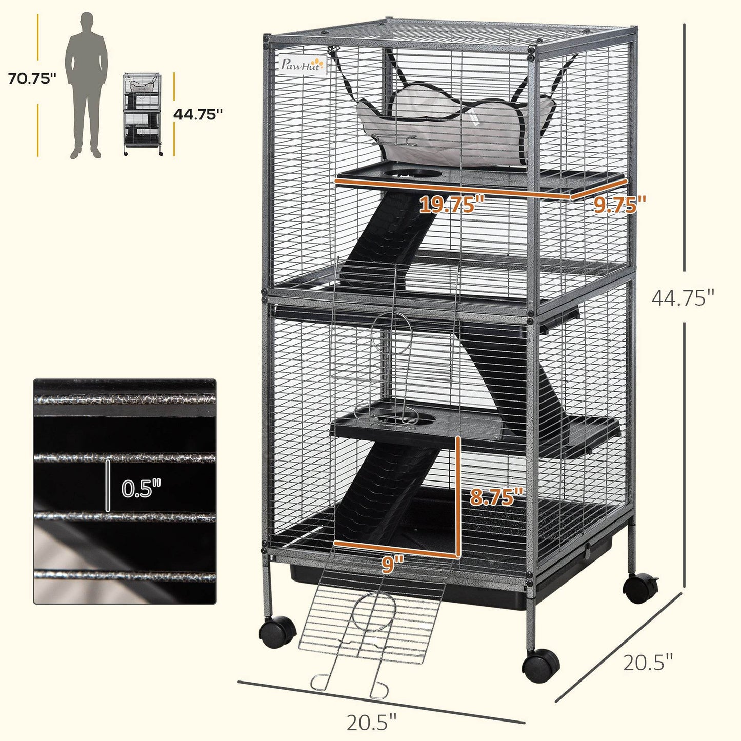 Large Metal 4 Tiers Small Animal Cage With Hammock, Removable Tray, Extra Space For Ferrets Chinchillas, Gray - Velora