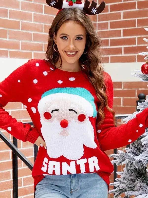 Women's Tops Santa Pullover Sweater Autumn And Winter Letter Embroidery Christmas Red Sweaters Long Sleeve Crew Neck Clothes - Velora