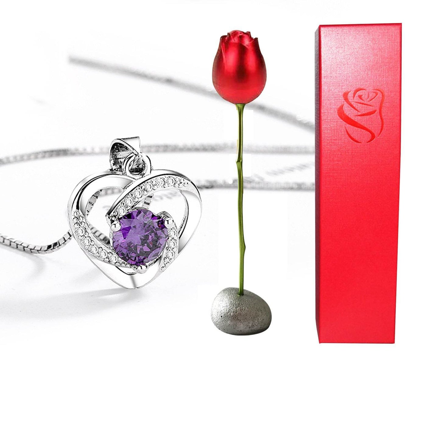 Valentines Day Gift Heart Shaped Blue Purple Crystal Diamond Pendant Rose Head Necklace - Velora