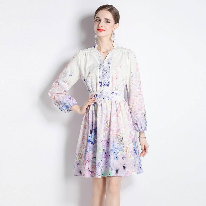Elegant V-neck Vintage Floral Print Long Sleeves Dress Spring - Velora