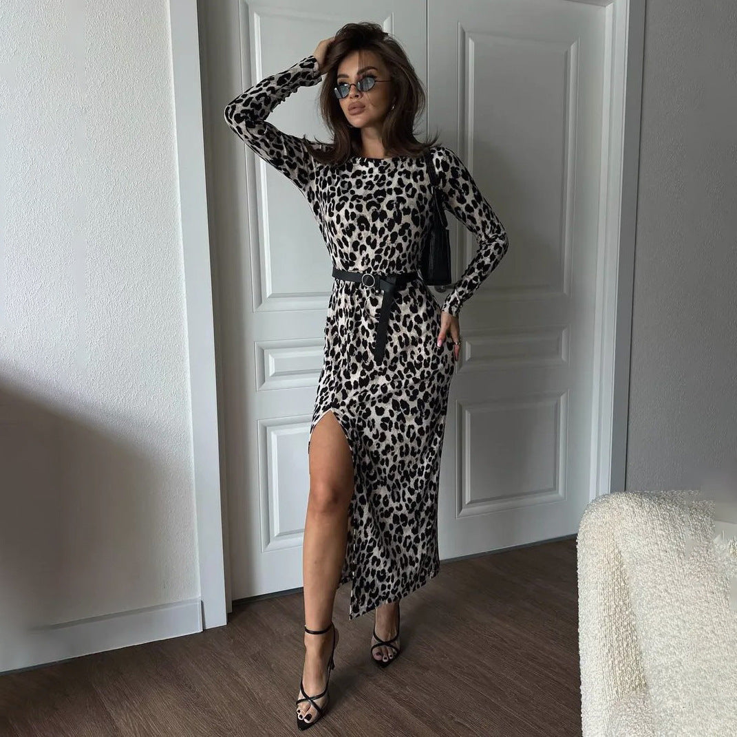 High Slit Leopard Print Dress Slim Fit Women