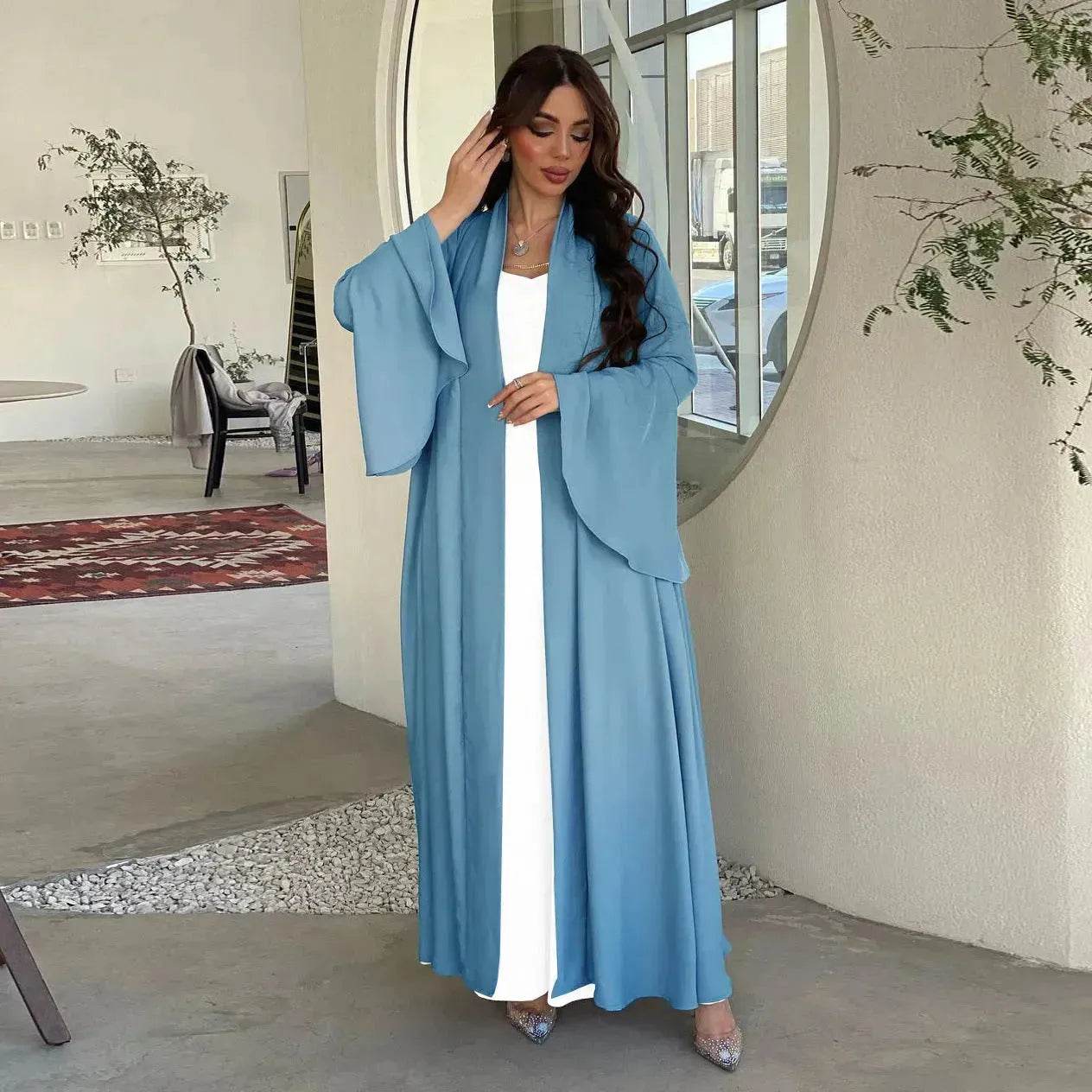 Abaya two piece set Elegant Satin Plain Color Abaya Kimono Open front Abaya Dubai Abaya wear for Middle East Women - Velora