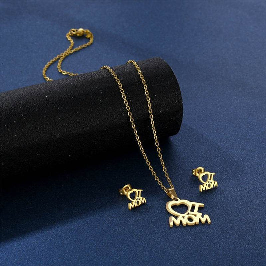 Mother's Day Jewelry Set Stainless Steel I Love Mom Mama Love Heart Pendant Necklace Earrings Thanksgiving Gift - Velora