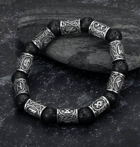 Asgard Crafted Silver Rune And Black Lava Stone Bracelet - Velora