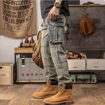 Sprin Autumn Retro Slim Fit Straight Leg Casual Distressed Denim Jeans Cargo Pant Men