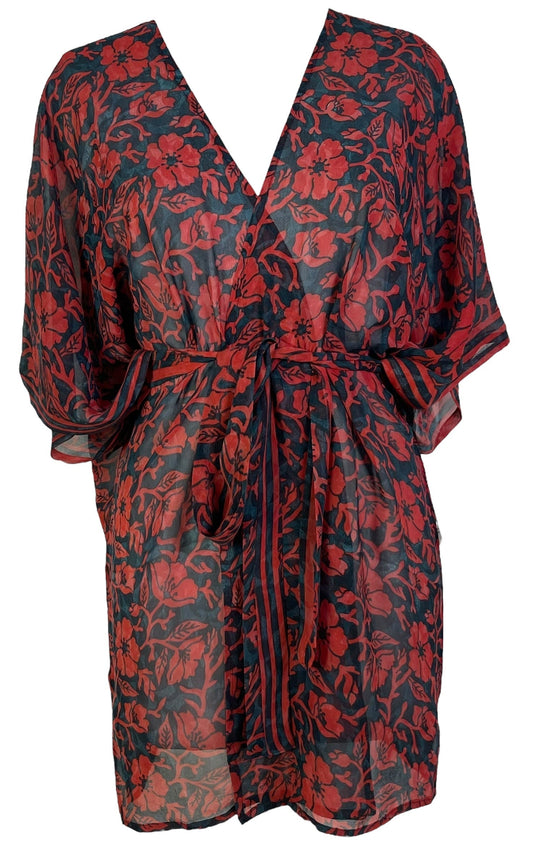 PRG6895 Sheer Avatar Pure Silk Kimono-Sleeved Jacket with Belt - Velora