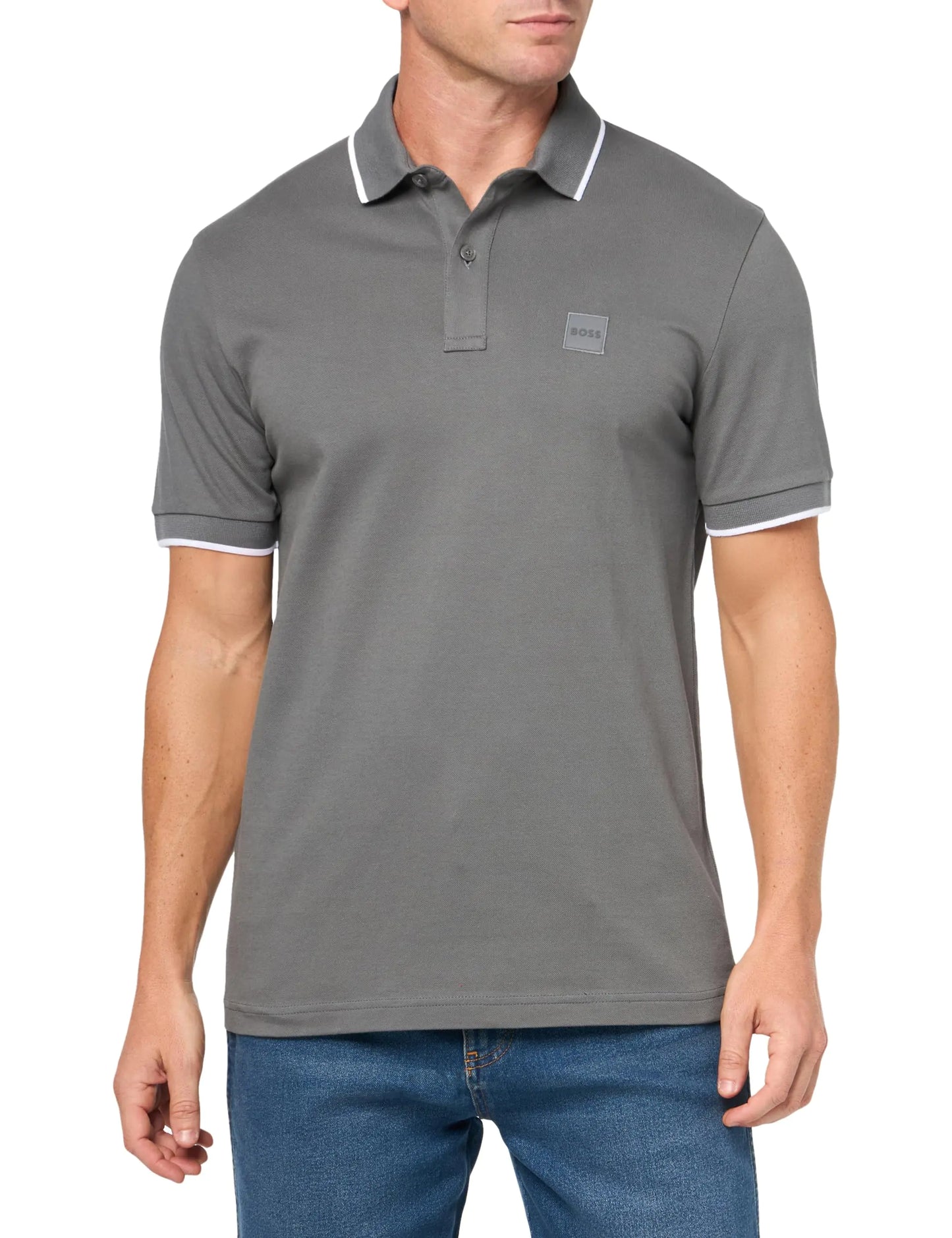 BOSS Slim Cotton Polo - Square Patch Emblem, Mushroom Grey