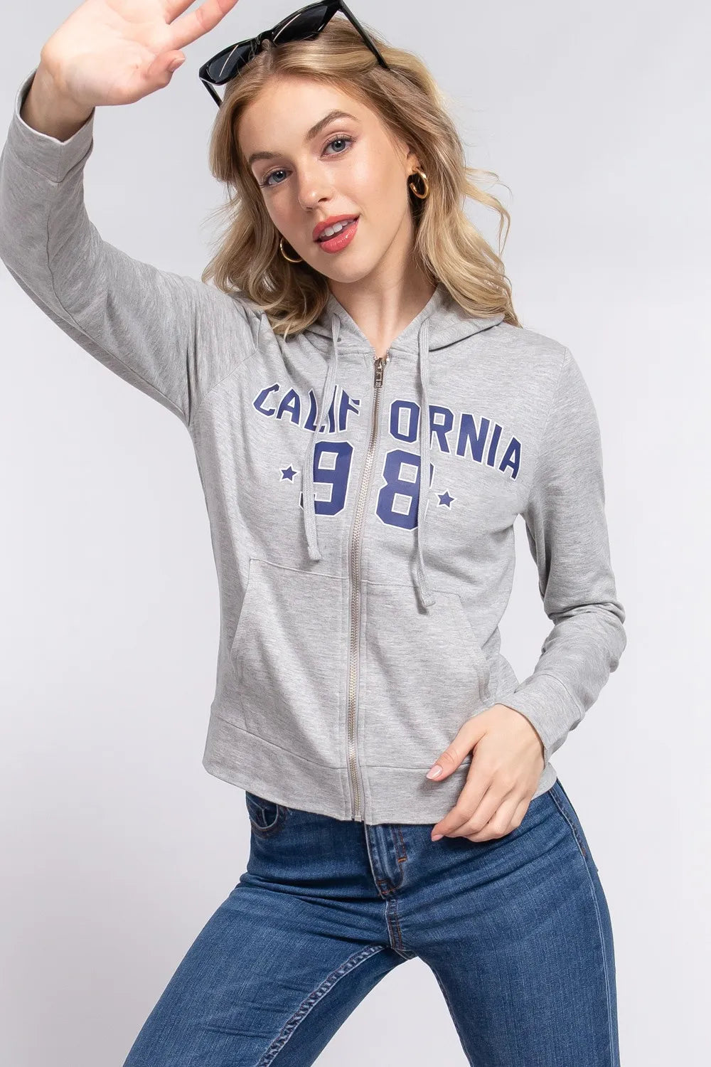 ACTIVE BASIC CALIFORNIA Zip Up Drawstring Long Sleeve Hoodie - Velora Luxury Fashion