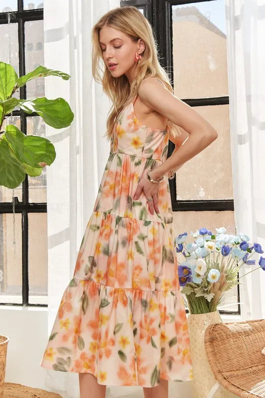 ADORA Smocked Back Floral Adjustable Strap Midi Dress - Velora Luxury Fashion