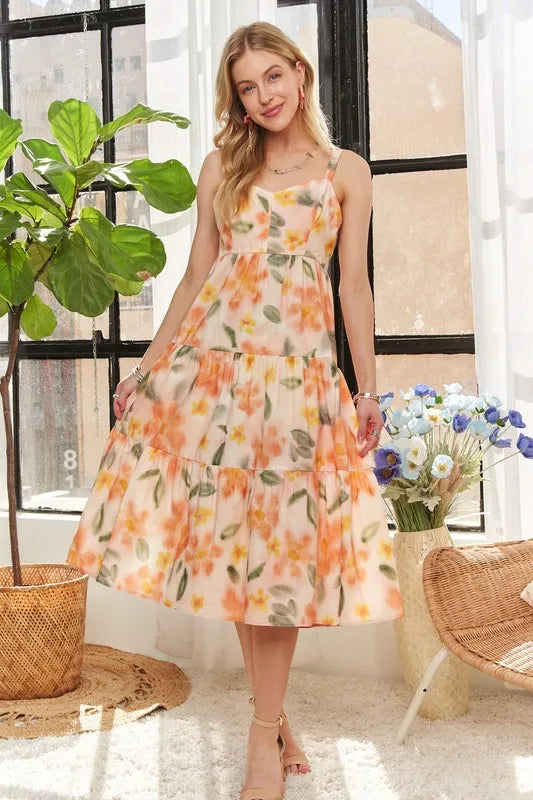 ADORA Smocked Back Floral Adjustable Strap Midi Dress - Velora Luxury Fashion