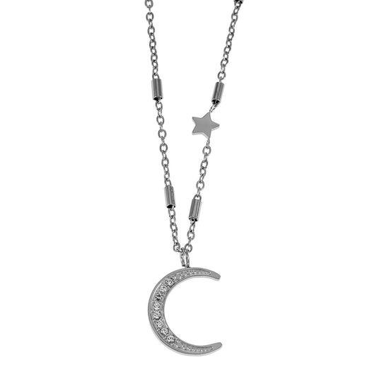 ALMERIA Silver (White Gold): Celestial Magic - Zirconia Embedded Crescent Moon and Star Necklace - Velora Luxury Fashion