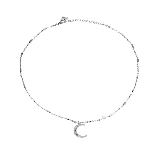 ALMERIA Silver (White Gold): Celestial Magic - Zirconia Embedded Crescent Moon and Star Necklace - Velora Luxury Fashion