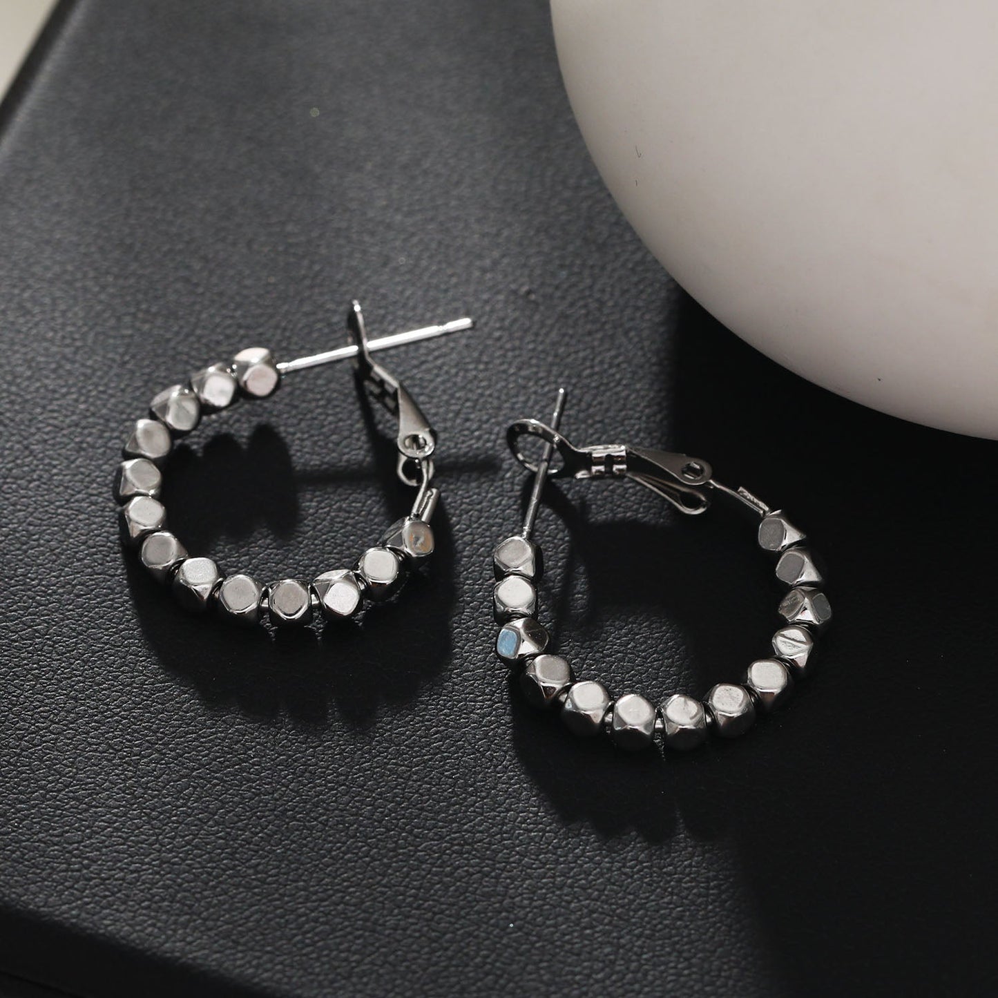 ANDALI Square Beads Hoop Silver Earrings - Velora Luxury Fashion