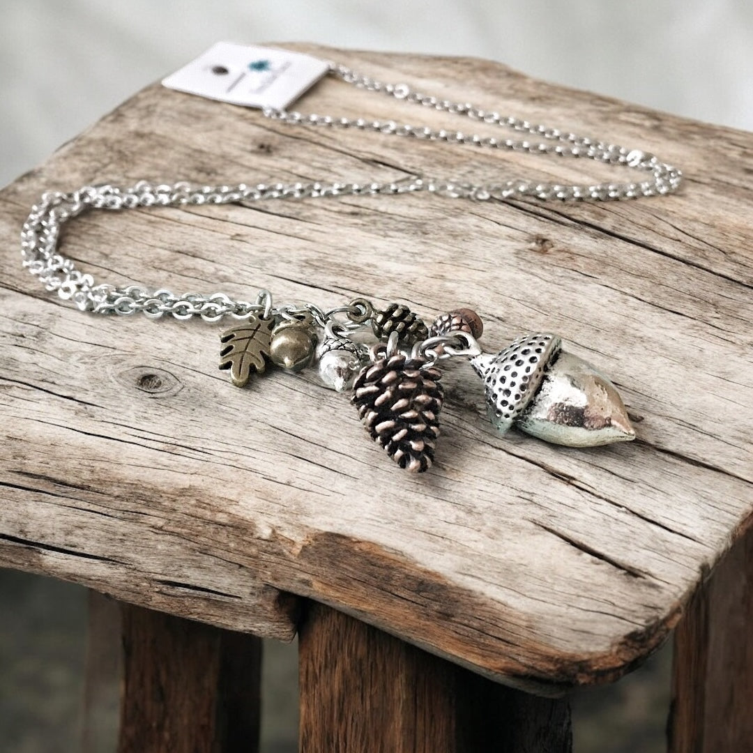 Acorn & Pinecone Necklace – Fall Woodland Pendant Gift - Velora Luxury Fashion