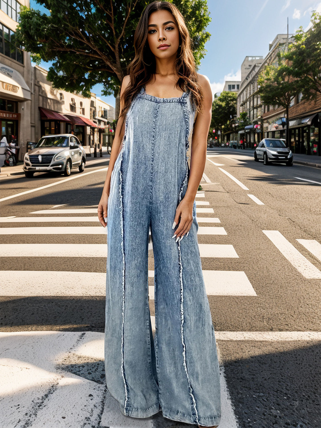 Adjustable Strap Wide Leg Denim Overalls - Velora Luxury Fashion