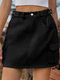 Adjustable Waist Denim Skirt with Pockets - Velora Luxury Fashion