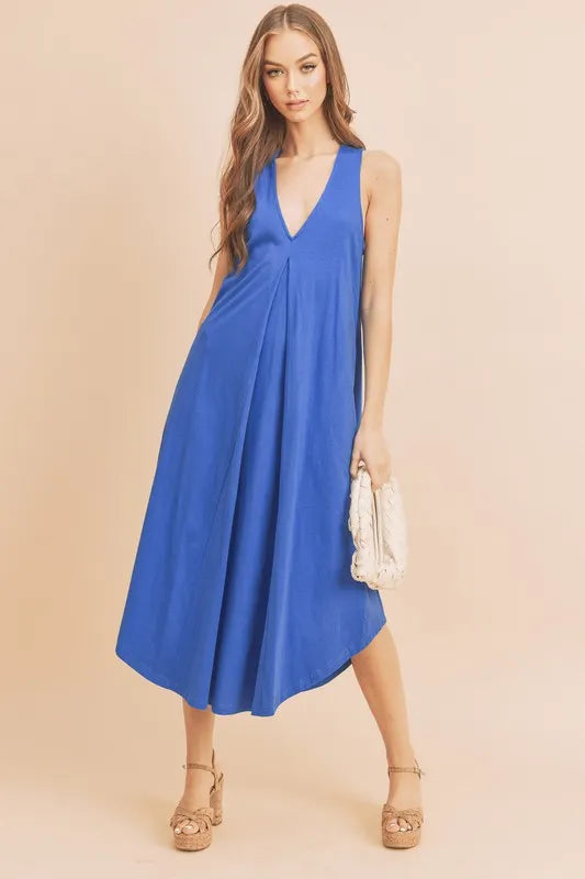 Aemi + Co Front Pleat Detail V-Neck Sleeveless Midi Dress - Velora Luxury Fashion
