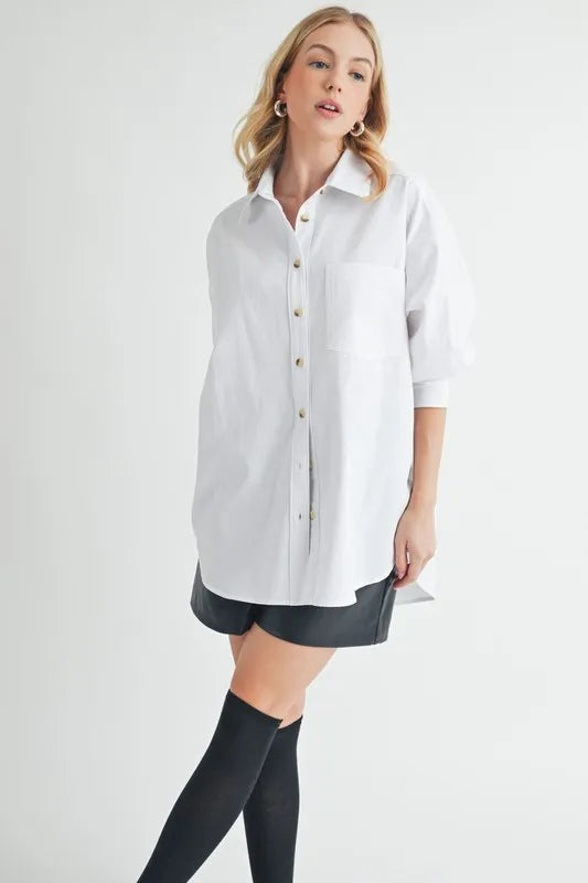 Aemi + Co High-Low Collared Neck Drop Shoulder Shirt - Velora Luxury Fashion
