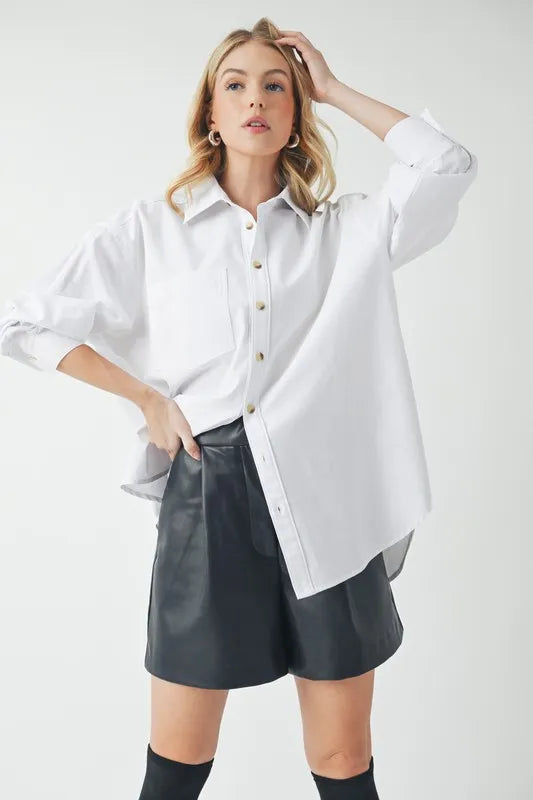 Aemi + Co High-Low Collared Neck Drop Shoulder Shirt - Velora Luxury Fashion
