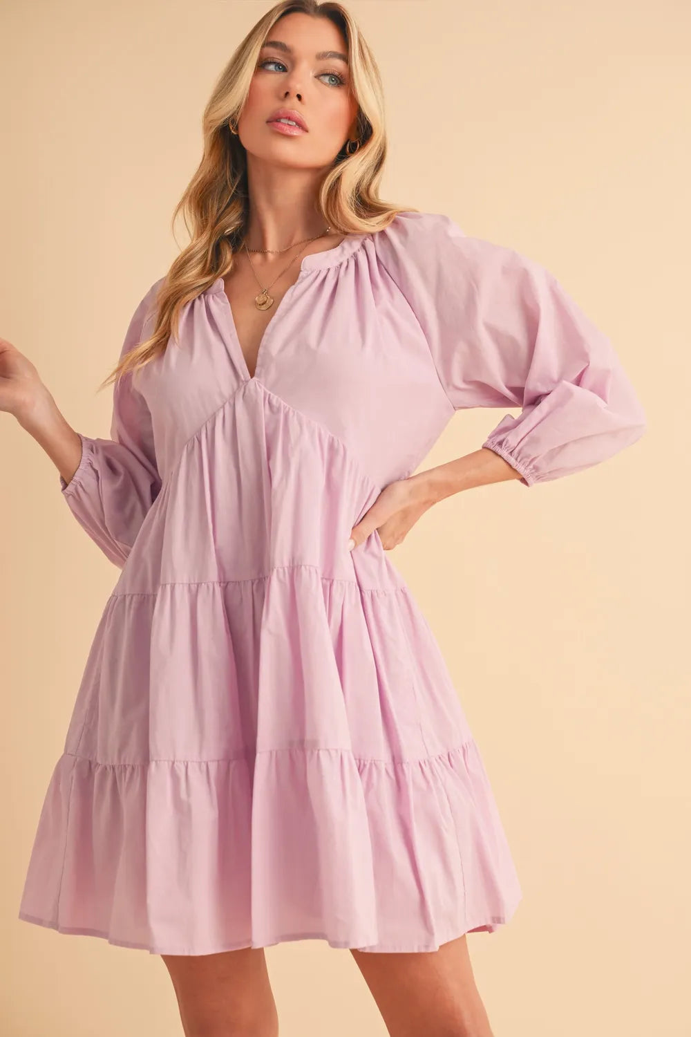 Aemi + Co Notched Balloon Sleeve Tiered Mini Dress - Velora Luxury Fashion