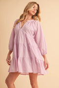 Aemi + Co Notched Balloon Sleeve Tiered Mini Dress - Velora Luxury Fashion