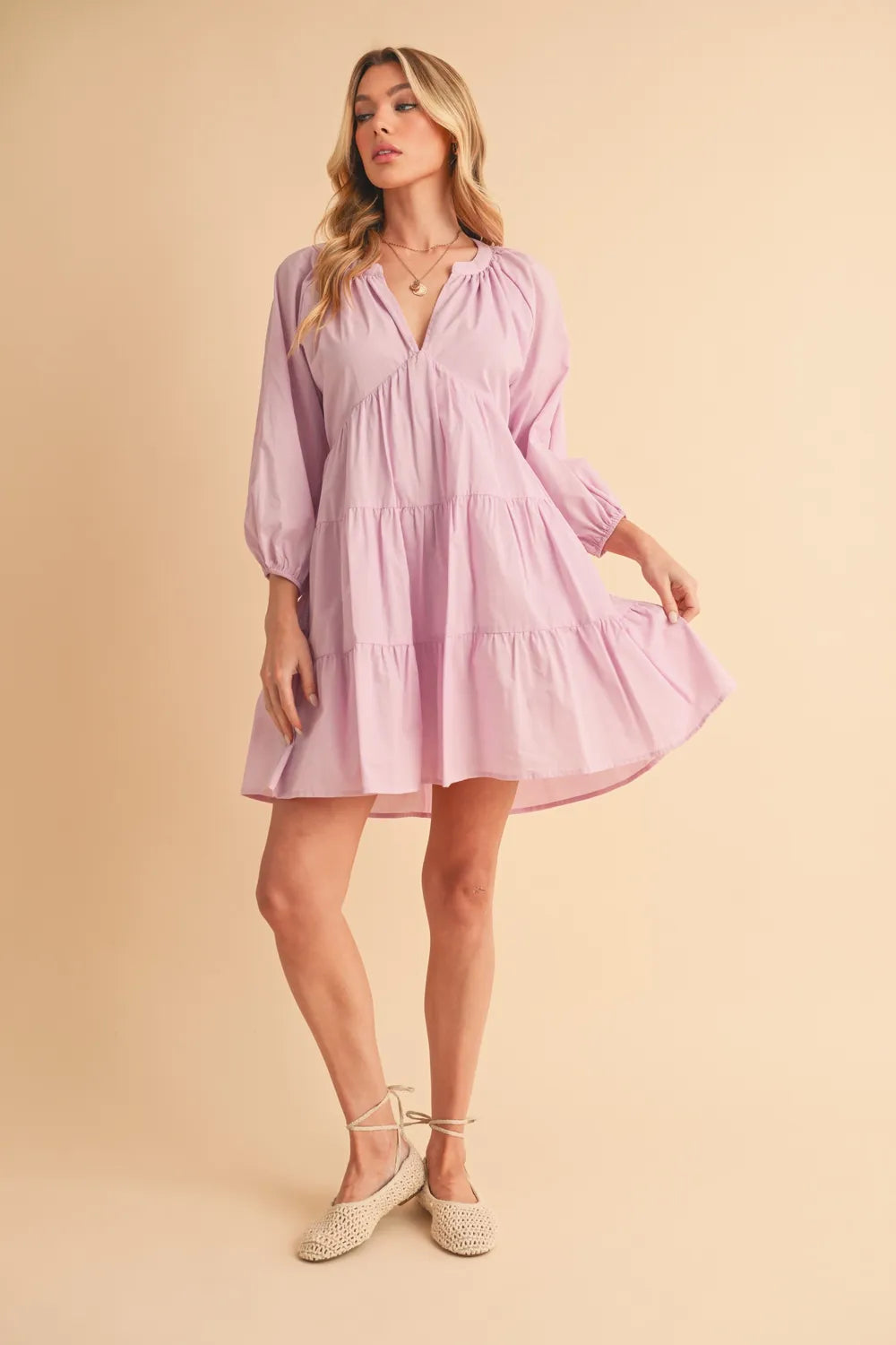 Aemi + Co Notched Balloon Sleeve Tiered Mini Dress - Velora Luxury Fashion