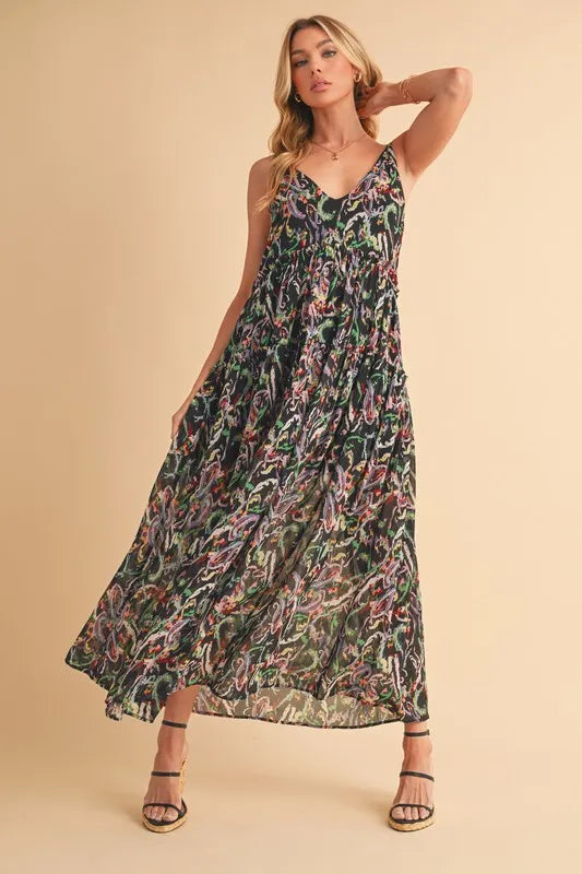 Aemi + Co Printed V-Neck Frill Tiered Cami Dress - Velora Luxury Fashion