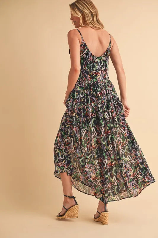 Aemi + Co Printed V-Neck Frill Tiered Cami Dress - Velora Luxury Fashion