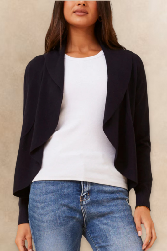 Alessia Lightweight Open-Front Black Cardigan Draped Waterfall Fit - Velora Luxury Fashion