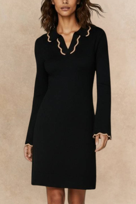Alice Black Knit Dress Polo Shirt Collar Piping Neckline Relaxed Fit - Velora Luxury Fashion