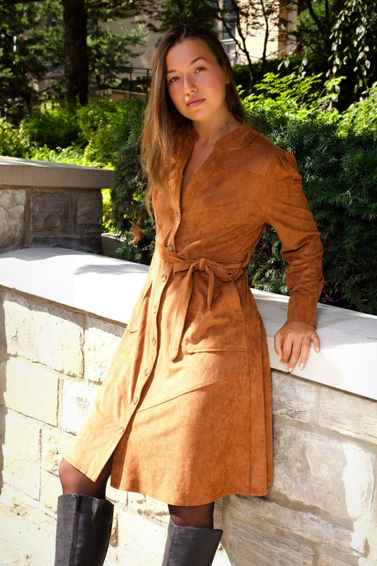 Anastasia Faux Suede Women's Shirt Dress Buttons Belted - Velora Luxury Fashion