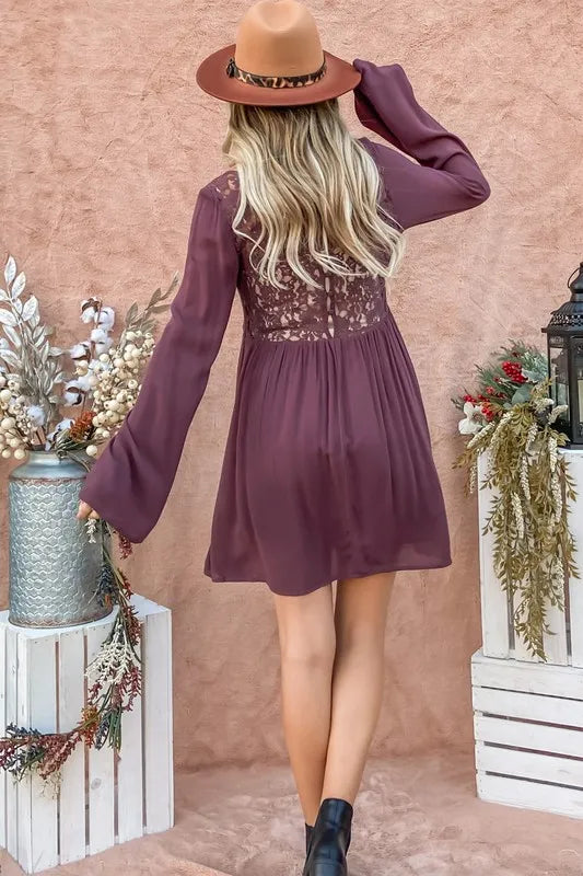 And The Why Back Lace Button Down Detail Bell Sleeve Dress - Velora Luxury Fashion