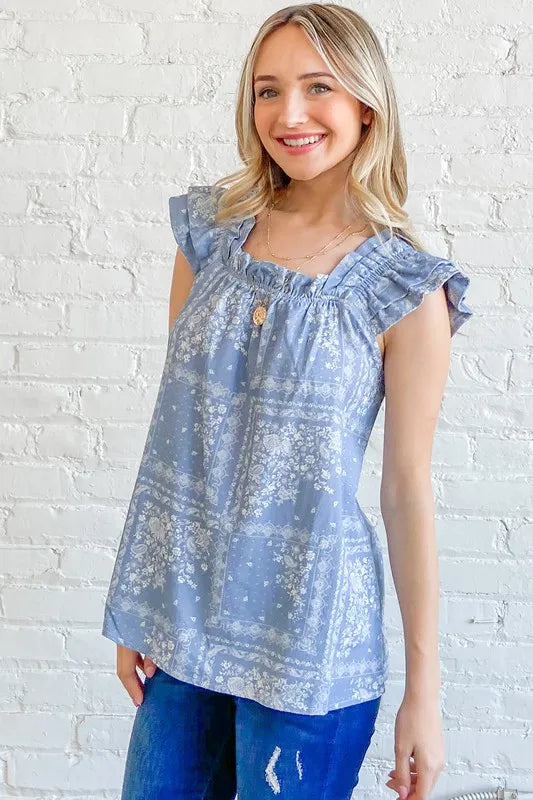 And The Why Boho Print Rayon Linen Ruffle Baby Doll Tank Top - Velora