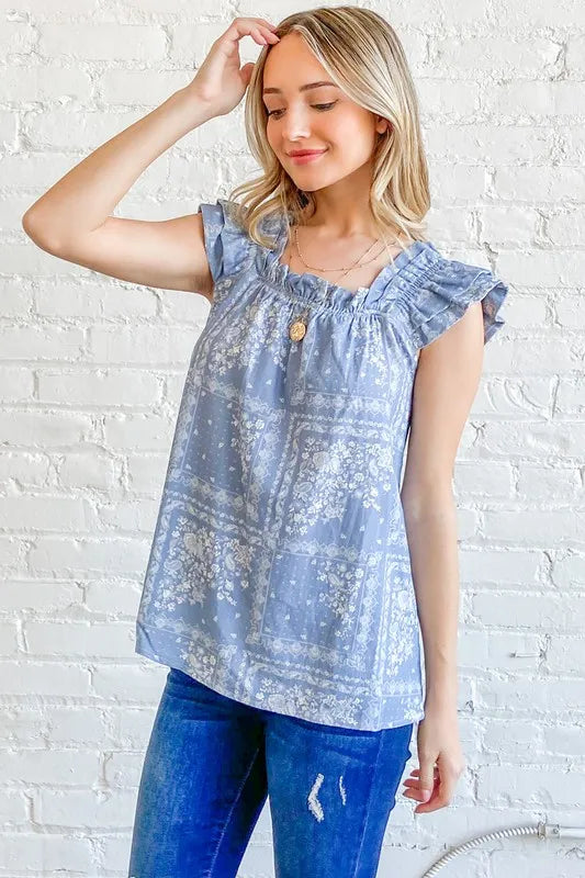 And The Why Boho Print Rayon Linen Ruffle Baby Doll Tank Top - Velora