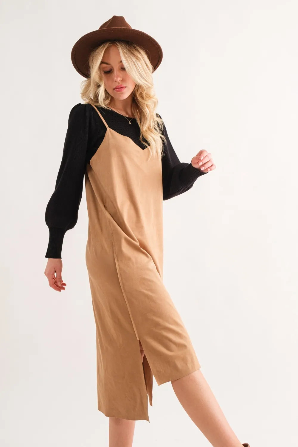 And The Why Faux Suede Cut Edge Slit Cami Midi Dress - Velora Luxury Fashion