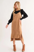 And The Why Faux Suede Cut Edge Slit Cami Midi Dress - Velora Luxury Fashion