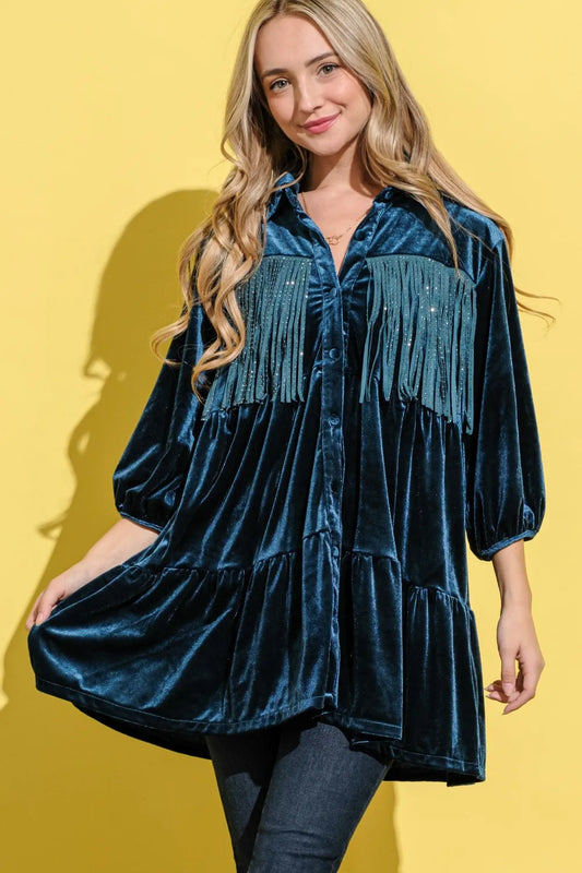 And The Why Fringe Detailed Velvet Shirt Dress - Velora Luxury Fashion