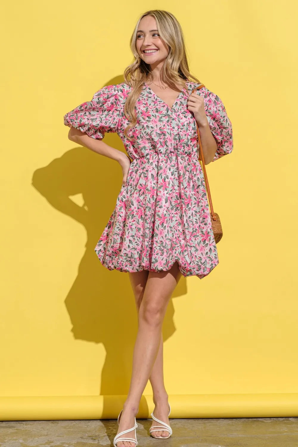 And The Why Full Size Floral Surplice Puff Sleeve Dress - Velora Luxury Fashion